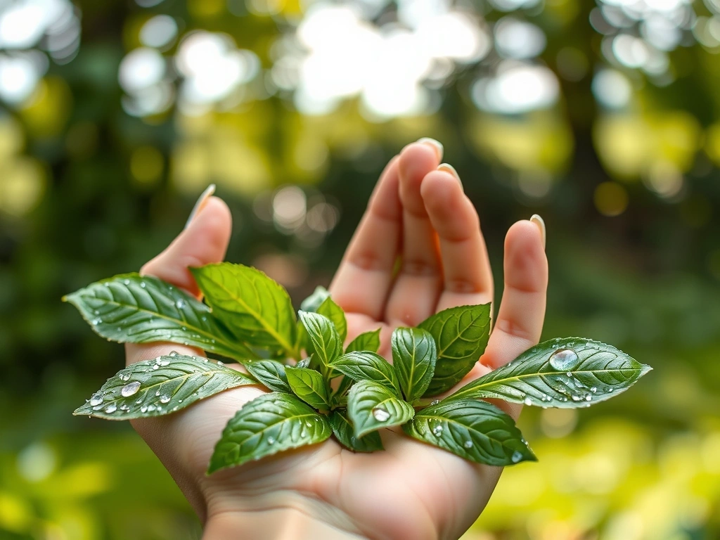 Mână care ține plante proaspete, simbolizând natura și puritatea ingredientelor Naturavitald.