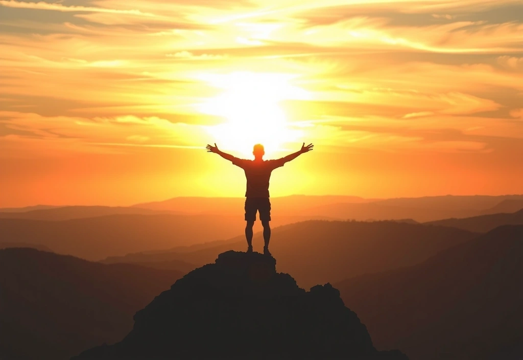 Siluetă a unui om pe o creastă de munte la răsărit, simbolizând viziunea și atingerea excelenței.