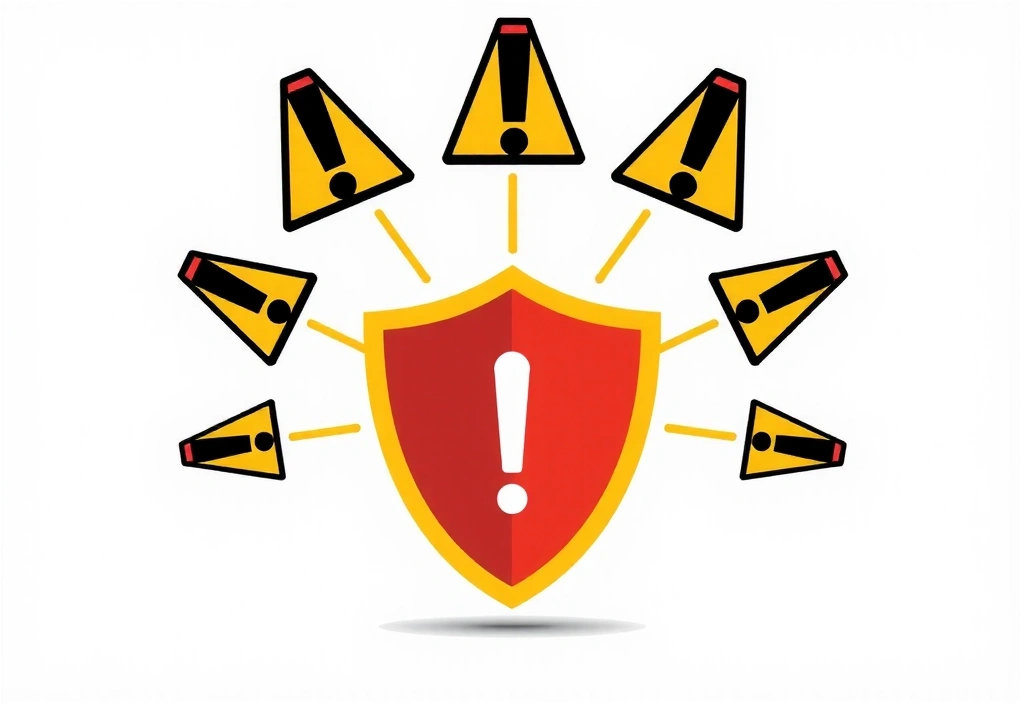 Semne de exclamare și un scut, simbolizând limitarea răspunderii și protecția legală